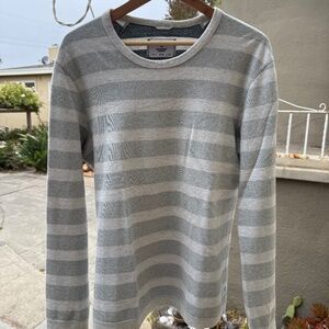 Muted green stripe reversible knit crewneck sweatshirt